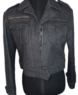 Cropped wool jacket button down size large dark grey